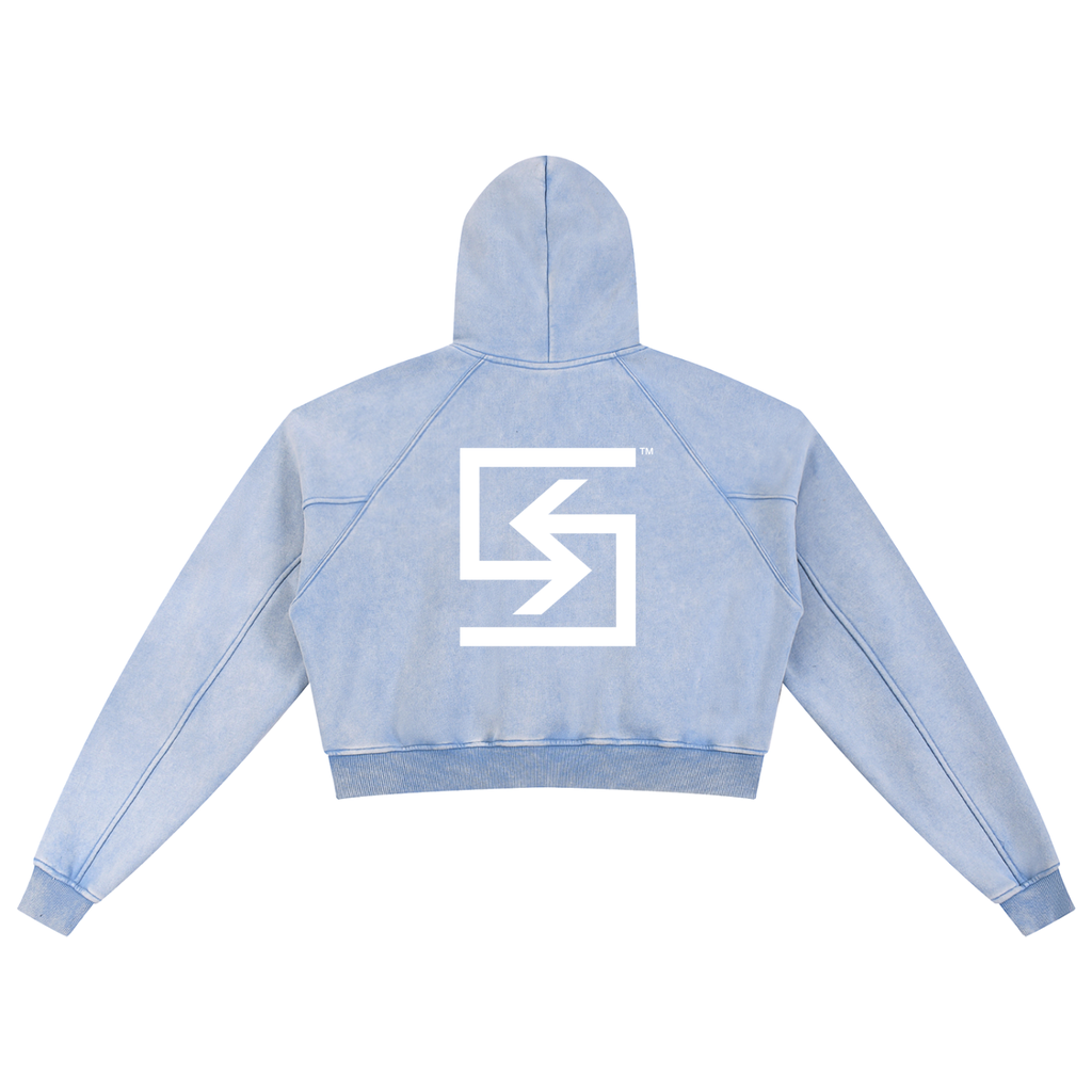 "LOGO" Snow Washed Cropped Hoodie (BLUE)
