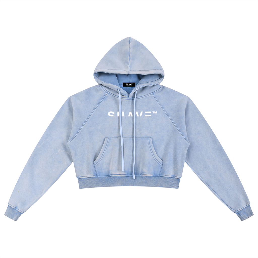 "LOGO" Snow Washed Cropped Hoodie (BLUE)