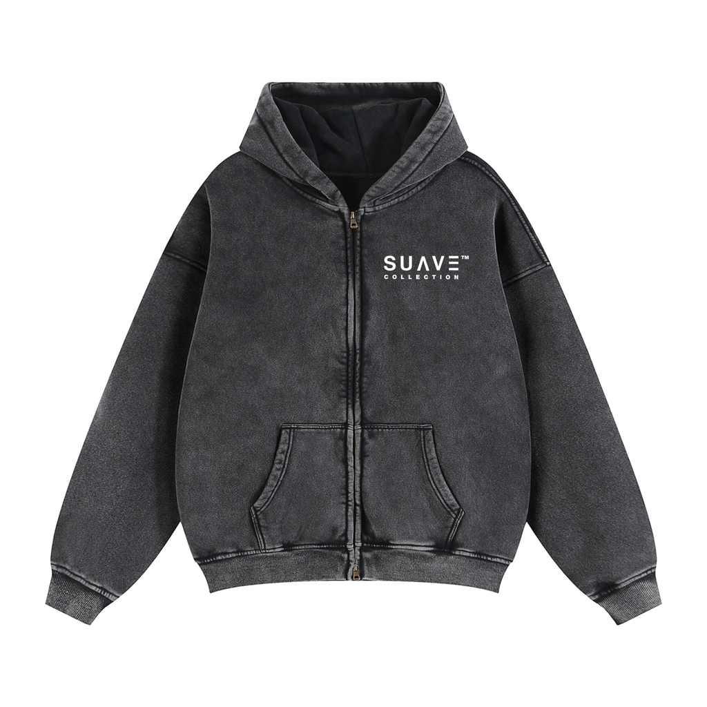 "BRAND" Washed Zip-Through Hoodie