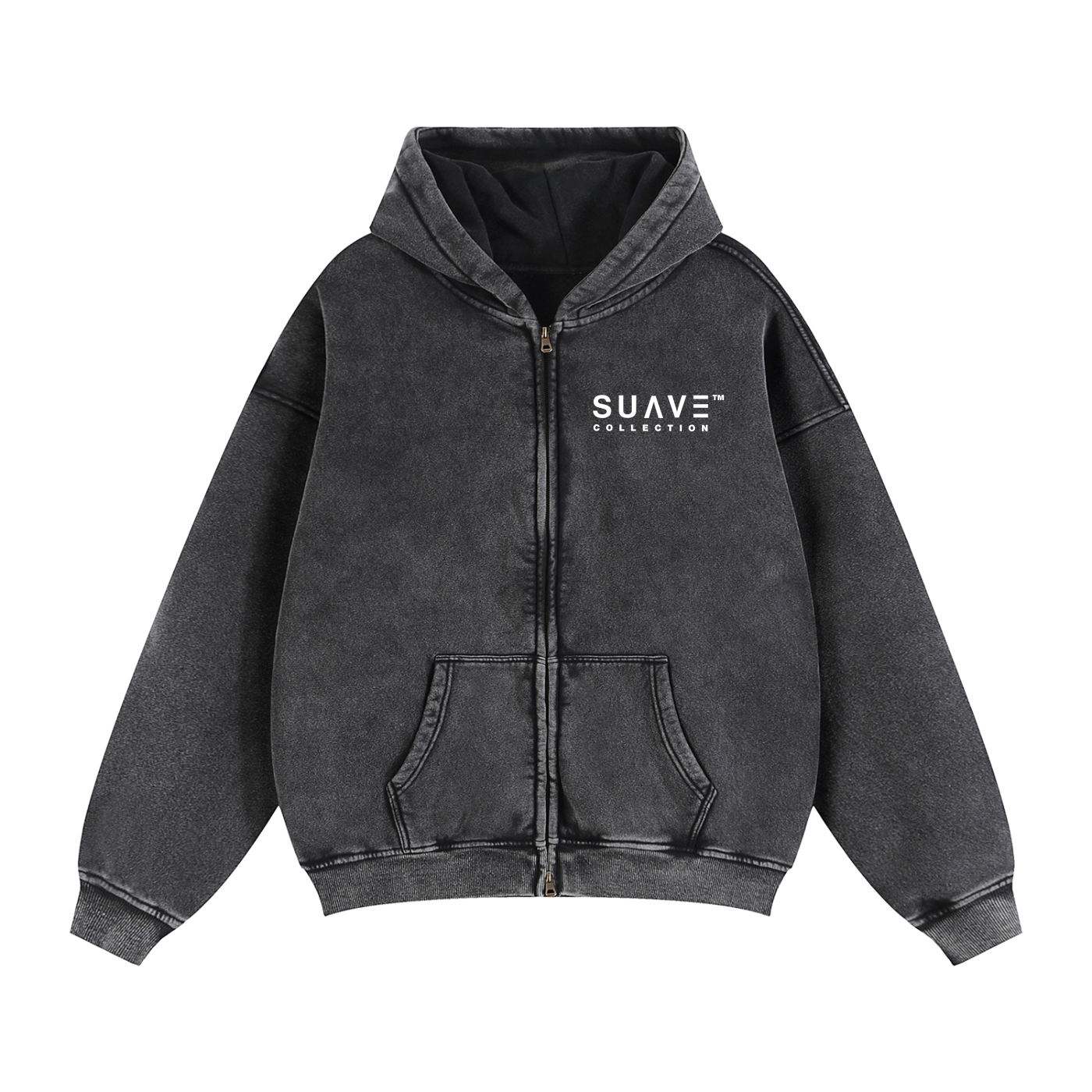 "BRAND" Washed Zip-Through Hoodie
